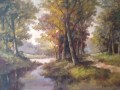 Paisaje con un bosque con arroyo y camino